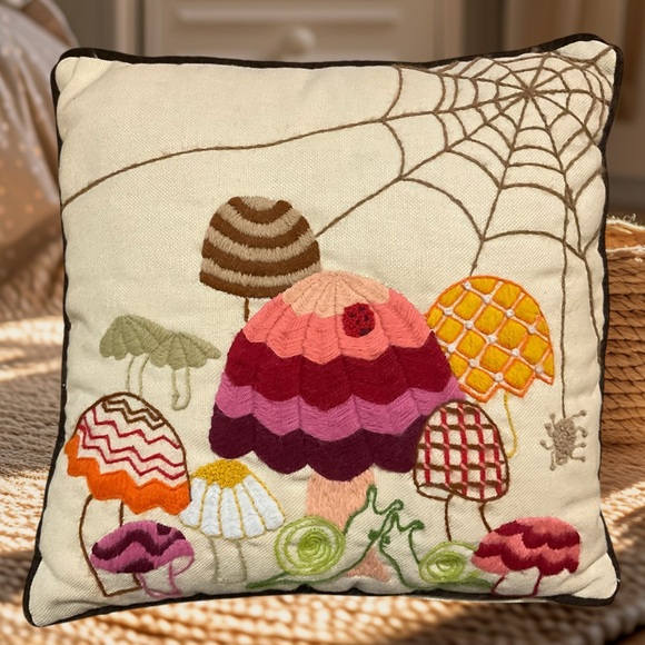 Mushroom Hand Made Embroidered Throw PillowVintage 1970 Retro Cottagecore Boho - Picture 1 of 7